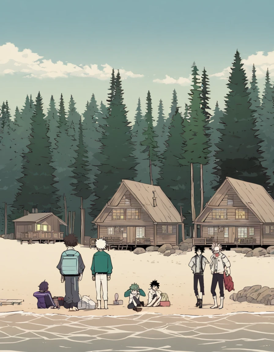izuku midoriya, Katsuki Bakugou e Shoto Todoroki, on the coast and in front a cabin, with pine trees