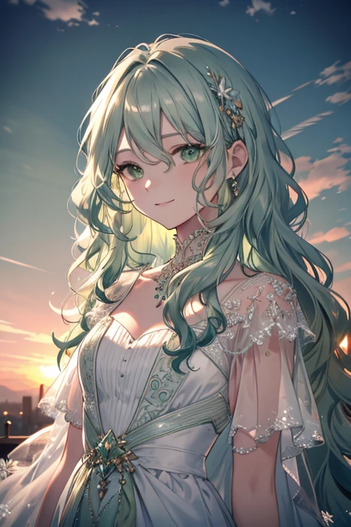 High definition RAW color art, Animation,sculptures, Silver Marble Skin, (((Ultra detailed elegant))), Detailed skin, Texture,(Intricately detailed, Fine detail, ultra-detail art), depth of fields, Bokeh, Silky Touch, Hyper Detail, (pastel green), beautiful eyes, elegant face, surprised face, view from above, dynamic clouds, sunset sky，white shirt，((green eyes))，light green hair，(((long wavy hair)))，smiling，white dress，