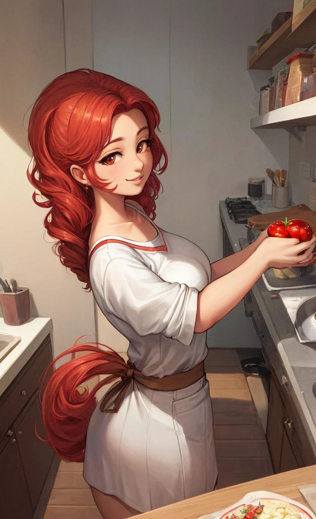 woman with tattoo, (([red|black] hair)), long hair, wearing a black apron,  Cooking, look at the viewer, kitchen, cake and pie in the background,  in room, (soothing tones:1.0), (HDR:1.25), (ArtStation:1.2), dramatic, (complex parts:1.14), (hyper realistic 3D rendering:1.16), (cinematic:0.55), (rutkowskyi:1.1), (faded:1.3),Shine,ultra detail,masterpiece,Full drawing of the painting,High quality robot,wallpaper,Goddess of cooking,Attractive,The most delicious food