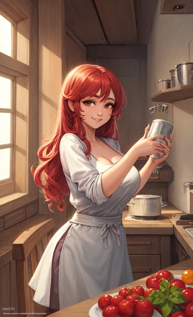(masterpiece, Best quality, A high resolution, A high resolution:1.2), extremely detailed, realistic, complex parts, portrait at the table, Shot at eye level, Naomi, beautiful 27 year old Filipina, , Filipina with natural breasts, in a white T-shirt , green apron apron , curly red hair, in cooking, cooking in the kitchen , From Side, smiling. Holding a large can of tomatoes in his hands. pickles tomatoes