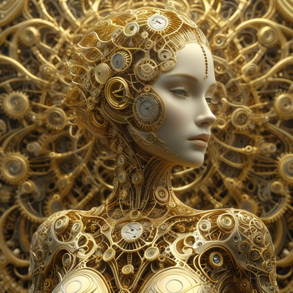 une femme d'or sublime et sensuel,  timeart, anatomiquement très réaliste, détaille anatomique, vu de coté, Très détaillé, cinématique, Lumière professionnelle, très détaillé, finement détaillé, détaille fractal