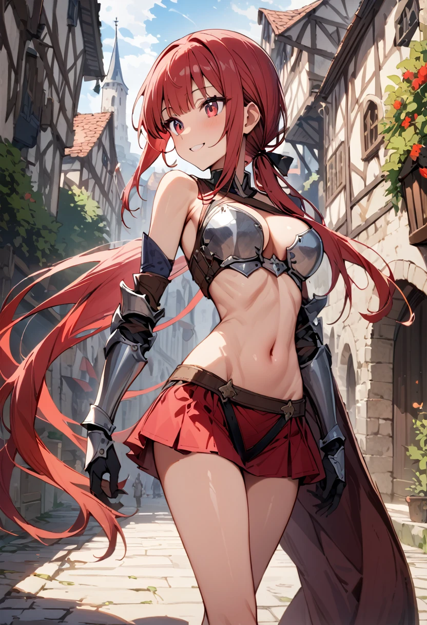 ((masterpiece,Highest quality:1.3)),cowboy shot,1woman,30 year old beauty,female knight solo,((very small head:1.2)),red hair,long hair,low ponytail,blunt bangs,red eyes,gorgeous eyes,smile,medium breasts,((very long body:1.2)),((toned body,slender body,skinny)),gleaming skin,shiny skin,iron bikini armor、Iron Gauntlet、navel、Red mini skirt,standing,city、sunny、Medieval Europe、