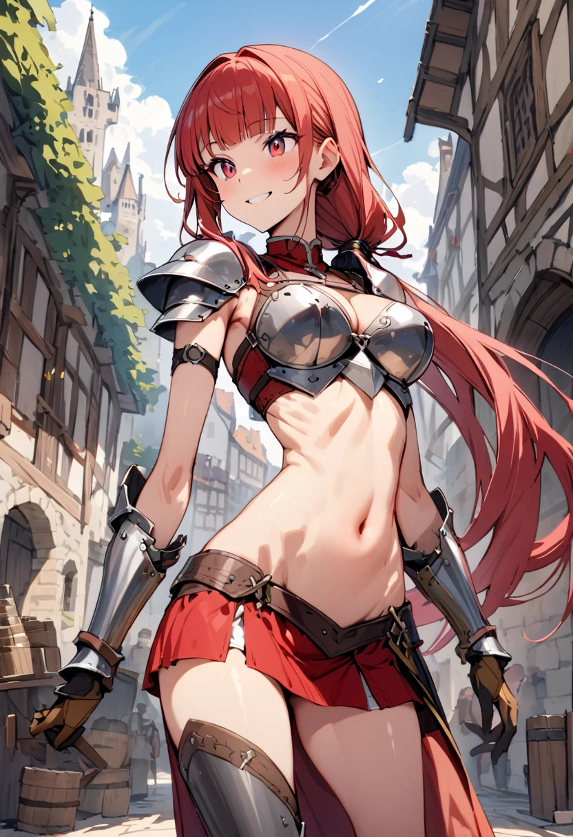 ((masterpiece,Highest quality:1.3)),cowboy shot,1woman,30 year old beauty,female knight solo,((very small head:1.2)),red hair,long hair,low ponytail,blunt bangs,red eyes,gorgeous eyes,smile,medium breasts,((very long body:1.2)),((toned body,slender body,skinny)),gleaming skin,shiny skin,iron bikini armor、Iron Gauntlet、navel、Red mini skirt,standing,city、sunny、Medieval Europe、