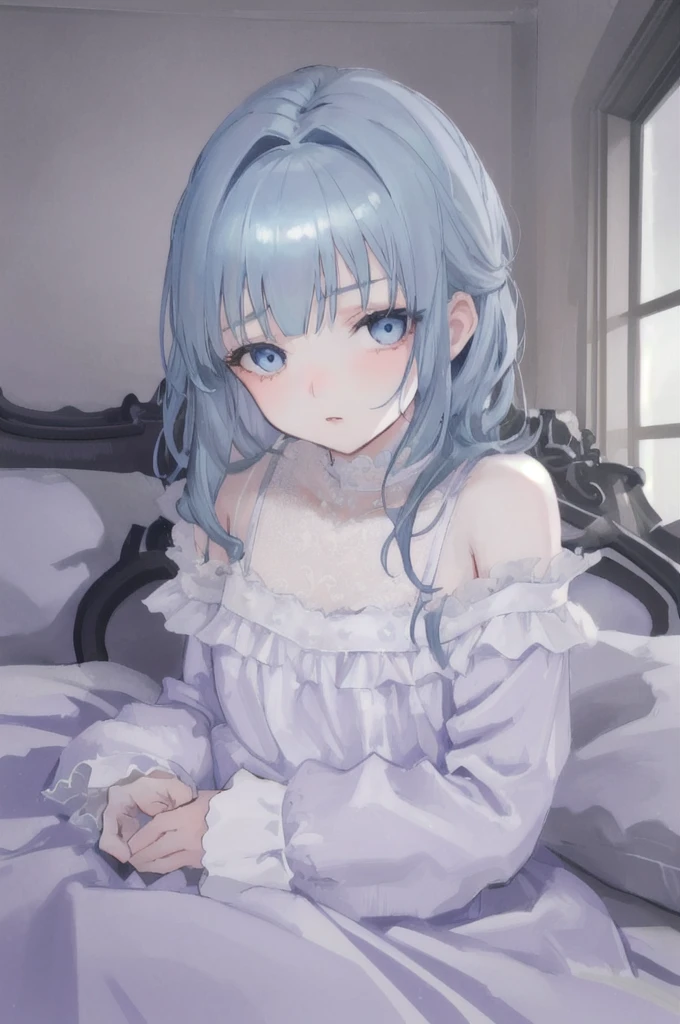 masterpiece, best quality, extremely detailed, (illustration, official art:1.1), 1 girl ,(((( light blue long hair)))), ,(((( light blue long hair)))),light blue hair, ,10 years old, long hair ((blush)) , cute face, big eyes, masterpiece, best quality,(((((a very delicate and beautiful girl))))),Amazing,beautiful detailed eyes,blunt bangs((((little delicate girl)))),tareme(true beautiful:1.2), sense of depth,dynamic angle,,,, affectionate smile, (true beautiful:1.2),,(tiny 1girl model:1.2),)(flat chest),Amazing portrait of a sexy woman with a beautiful face emphasised by sexy makeup with beautifully detailed eyes and beautifully detailed lips with long eyelashes with perfectly styled hair and gorgeous makeup with a sexy and seductive gaze and intense blushing and a sensual appearance wearing an oversized sweater with natural light beaming through the window showcasing her beautiful face as she's lying on the bed with her head resting on a pillow facing the viewer
