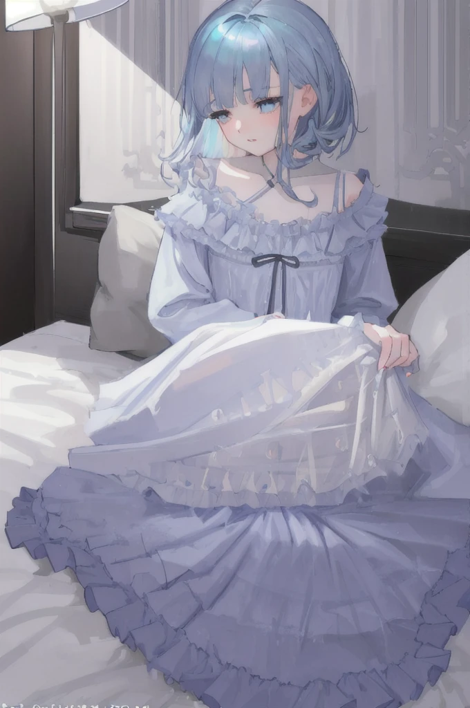 A 16-year-old girl in a sky-blue satin nightdress with a fringed haircut, lying in bed comforting her 8-year-old brother in white pajamas, his head resting on her body, 1girl,1boy,detailed face,beautiful eyes,full lips,bedroom,soft lighting,muted colors,tender moment,intimate,comforting,photorealistic,highly detailed,masterpiece