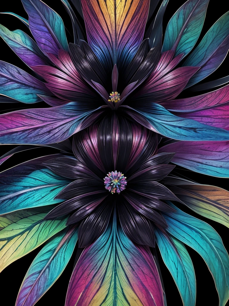 black tropical flower made of color liquids, an attractive iridescent fractal universal backgroun, pov, masterpu