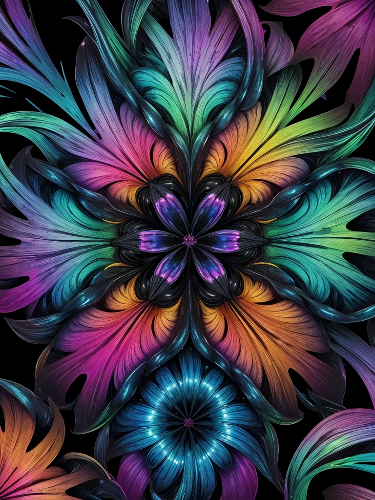 black tropical flower made of color liquids, an attractive iridescent fractal universal backgroun, pov, masterpu