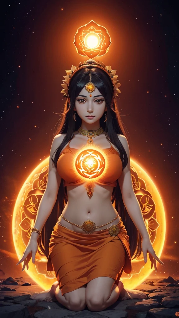 sacral chakra, spiritual sphere sacral chakra, (chakra icon in center of image), lotus sacral chakra, busty Hindu goddess, meditative, cleavage , sacral chakra, 2nd chakra orb