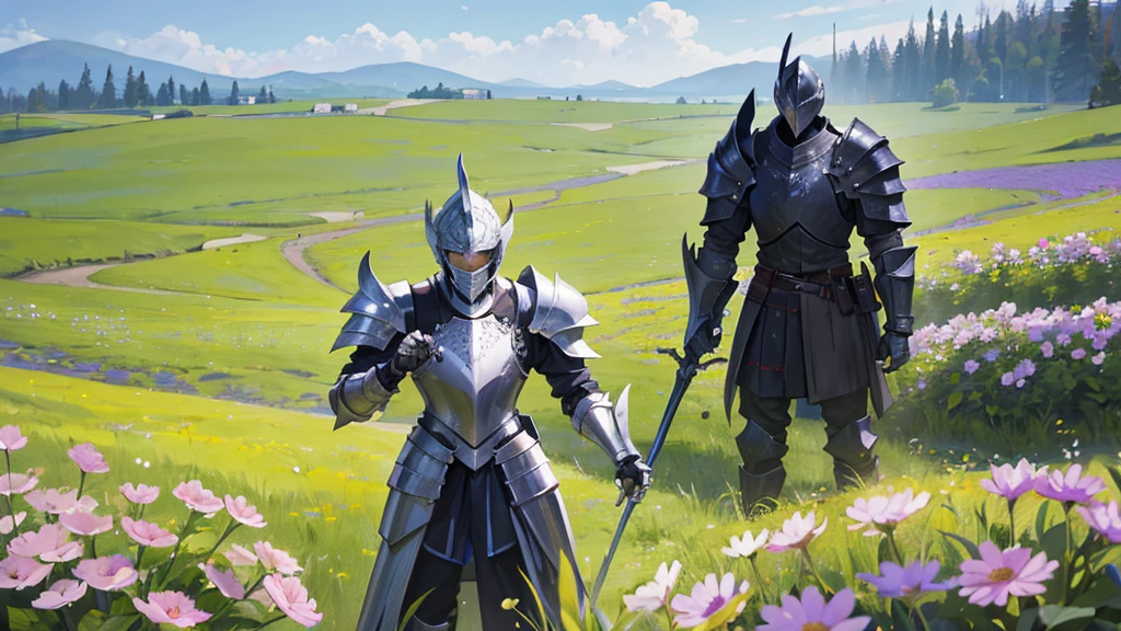 absurdres, high res, ultrasharp, 8K, masterpiece, 5 fingers each hand, knight, male, armor, full plate armor, holding, holding flowers, field background, helmet