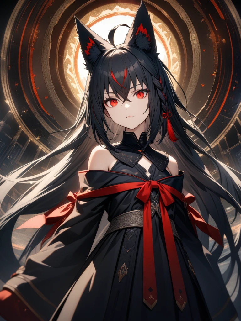 32k, best quality, ultra high res, HDR, UHD, extremely detailed CG, unity 32k wallpaper, {{{masterpiece}}}, {{{best quality}}}, {{ultra-detailed}}, {illustration}, {{an extremely delicate and beautiful}}, kurokami fubuki,fox girl,black hair,braid,ahoge,animal ear,red eyes,red ribbon,black shirt,off shoulder, whole body, 17 years old, very long hair, ahoge, small_breasts, absurdres, highres, very precise detailed, {{{beautiful detailed eyes}}},