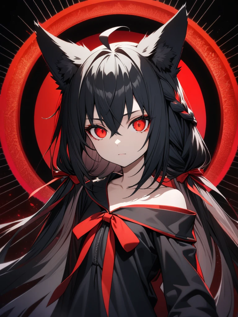 32k, best quality, ultra high res, HDR, UHD, extremely detailed CG, unity 32k wallpaper, {{{masterpiece}}}, {{{best quality}}}, {{ultra-detailed}}, {illustration}, {{an extremely delicate and beautiful}}, kurokami fubuki,fox girl,black hair,braid,ahoge,animal ear,red eyes,red ribbon,black shirt,off shoulder, whole body, , very long hair, ahoge, small_breasts, absurdres, highres, very precise detailed, {{{beautiful detailed eyes}}},