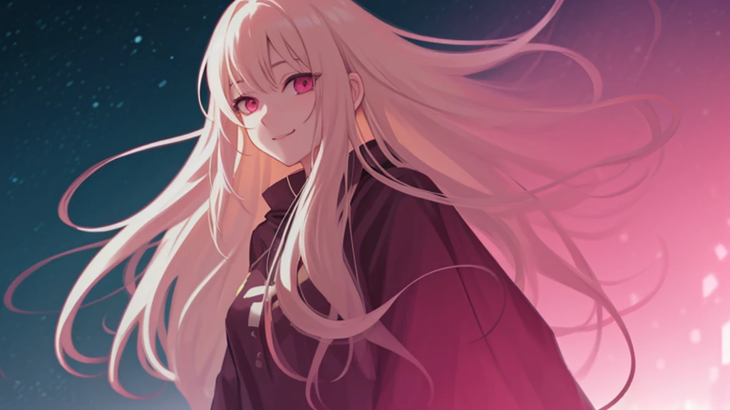 adult woman, pink eyes, long blonde hair, night, smile