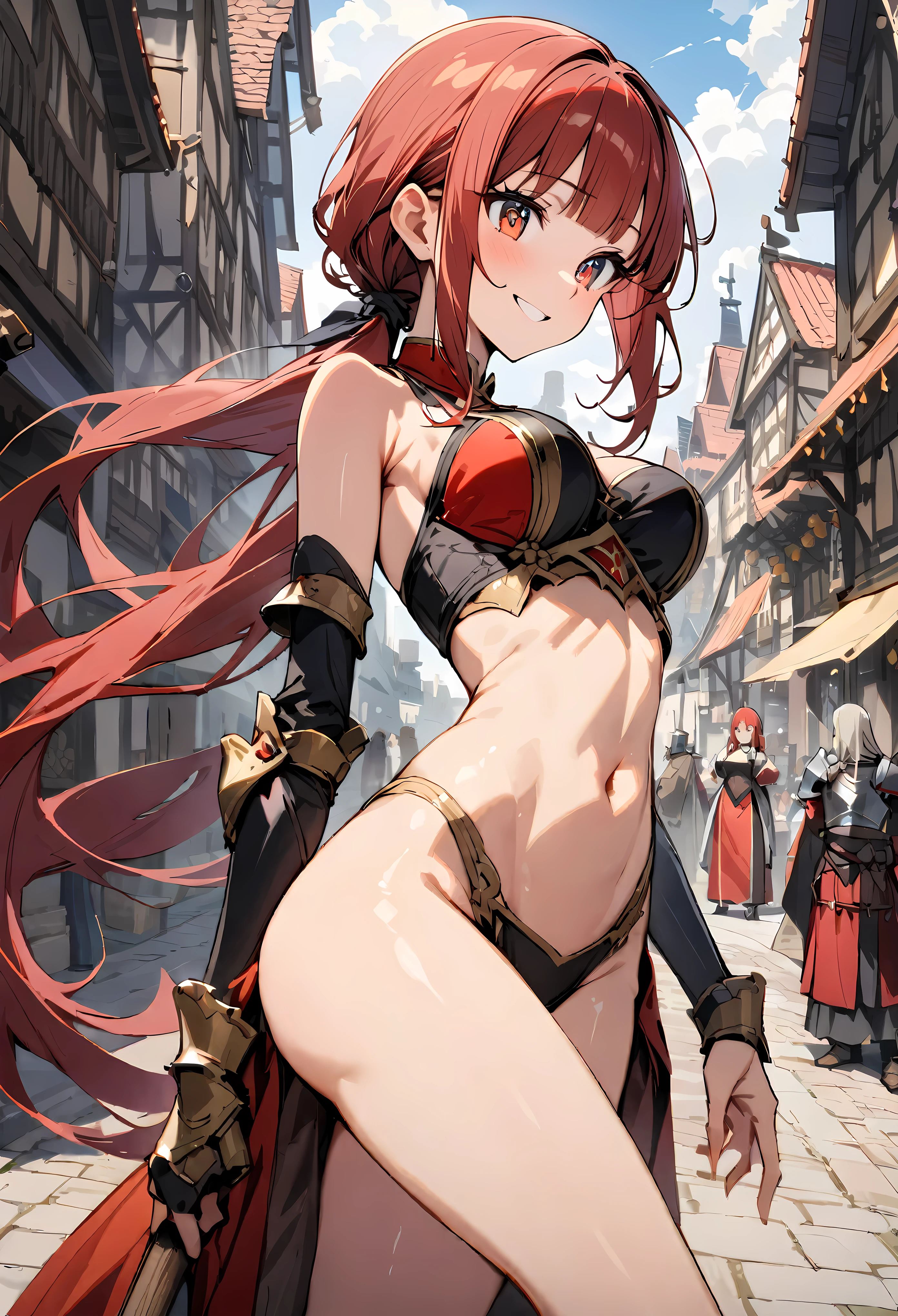 ((masterpiece,Highest quality:1.3)),cowboy shot,1woman,30 year old beauty,solo,((very small head:1.2)),red hair,long hair,low ponytail,blunt bangs,red eyes,gorgeous eyes,smile,medium breasts,((very long body)),((toned body,slender body,skinny)),gleaming skin,shiny skin,knight armor、bara shoulder、Iron Gauntlet、navel、Red mini skirt,standing,city、sunny、Medieval Europe、