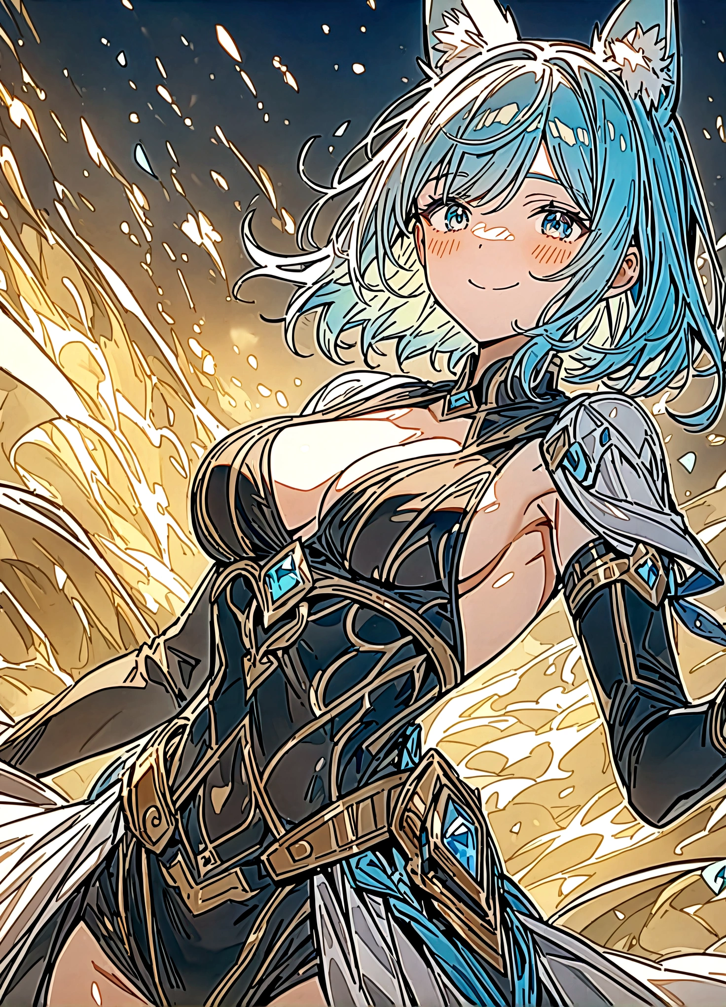 nsfw,(space action style), (Muted Tone), Delicate, Detail, Masterpiece,(colorful)illustration,(colorful)light particles, lens flare,
women with smile,
sideboob,shoulders,cleavage,sideless,thighs,
Cowboy shot, close-up,from above,
dynamic angle, dynamic pose,
Artistic, memorable masterpieces, moments in history,(fantastical and mesmerizing scenery)
Watercolor:1.6, Delicate, Detail,
(masterpiece:1.2),(best quality:1.2),newest,intricate details,
fox ears, ear hair