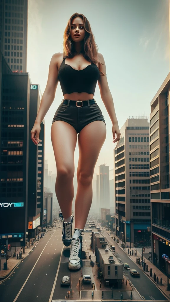 A giant woman in a lying on top of a cyberpunk city, Little guys running around the giant girl, Standing on her hand, cgsociety 9, fantasy art, engine rendering unreal + a goddess, full body cgsociety, artgerm ; Hyper realistic content, giant art, super detailed matte paintings, super detailed matte paintings, realistic fantasy art, realistic style. Beautiful girl. Big thighs."The little people stood on the top of a high-rise building waving to the girl".Wear short skirts.jennifer Lawrence. 