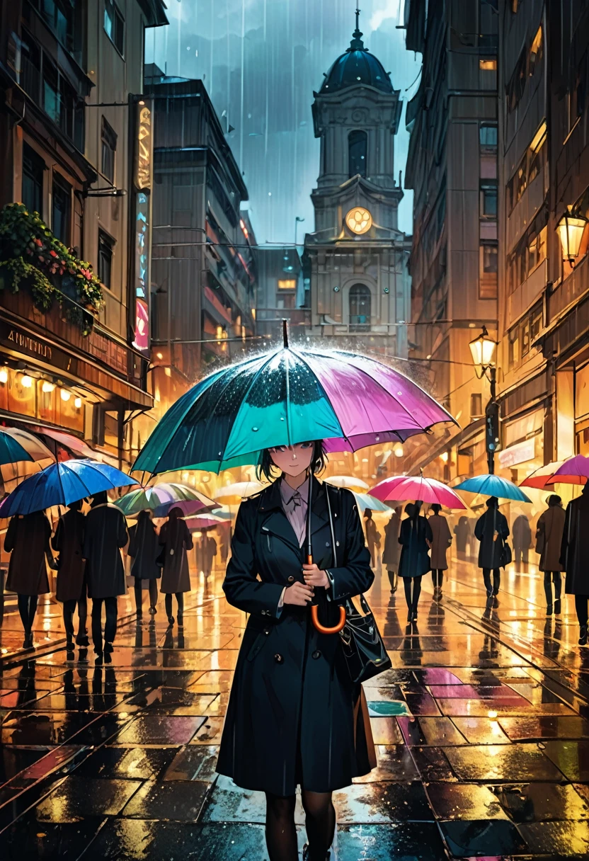 (Umbrella, rain), town square, a group of people holding brightly colored umbrellas,, (Photography), award-winning, cinematic still, emotional, vignette, dynamic, vivid, (masterpiece, best quality, Professional, perfect composition, very aesthetic, absurdres, ultra-detailed, intricate details:1.3)