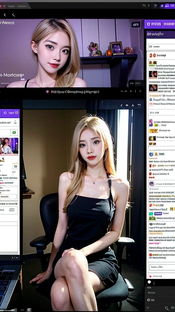 A woman is filming a Twitch broadcast, korean, fairly thin body, femme fatale makeup, thin waist, thin and pretty legs, fan service, blonde hair turned to one side, feminine dress, Personal broadcast interface screen, BJ, female Cam, on a private broadcast., Shooting equipment, various props, Room for personal photography purposes, sitting in a chair at the computer desk, a faint smile, cowboy shot, looking straight ahead, Her video is broadcast to viewers, Chat communication with viewers, Show chat log, Show viewers list, twitchchat