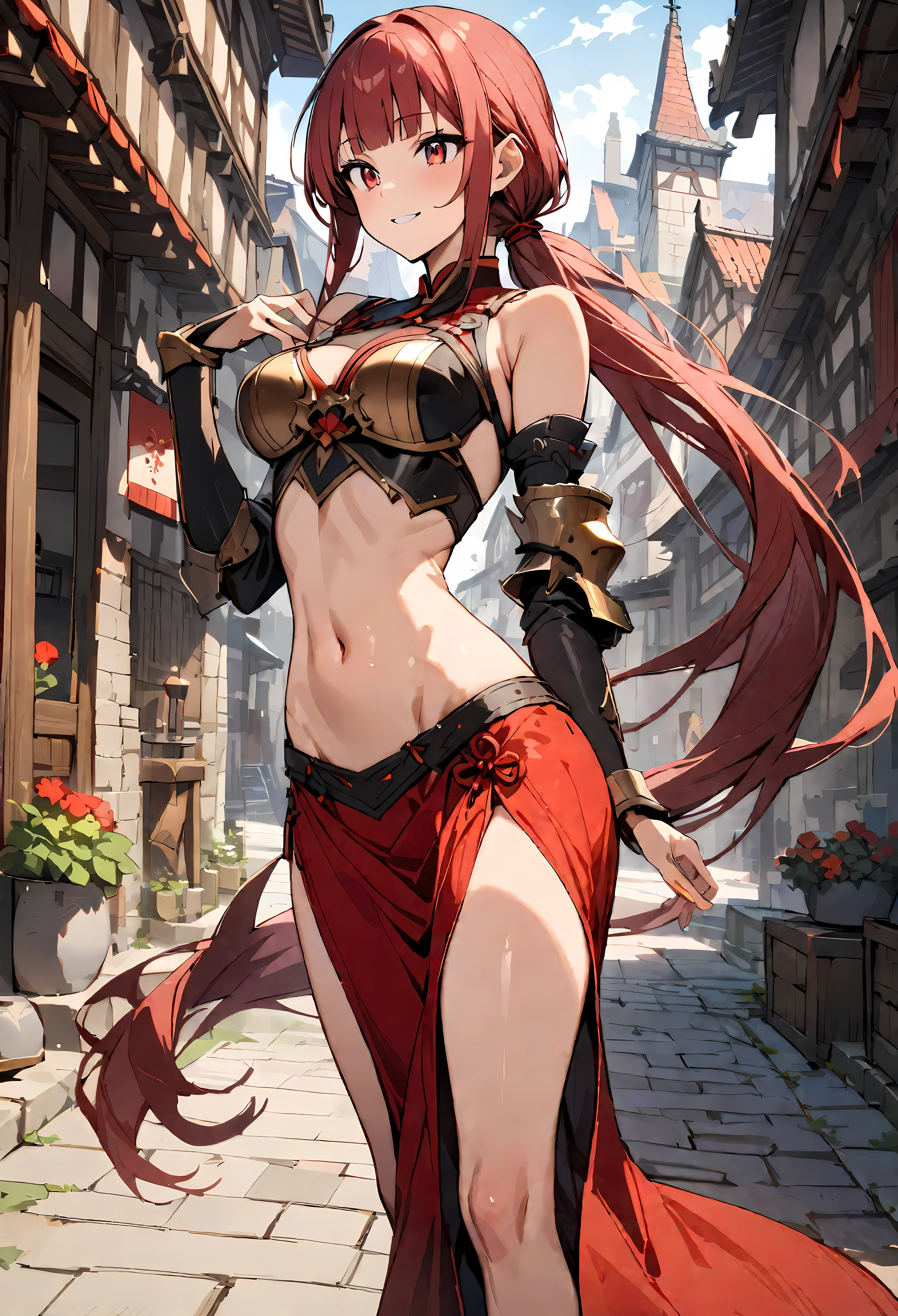 ((masterpiece,Highest quality:1.3)),cowboy shot,1woman,30 year old beauty,solo,((very small head:1.2)),red hair,long hair,low ponytail,blunt bangs,red eyes,gorgeous eyes,smile,medium breasts,((very long body)),((toned body,slender body,skinny)),gleaming skin,shiny skin,knight armor、bara shoulder、Iron Gauntlet、navel、Red mini skirt,standing,city、sunny、Medieval Europe、
