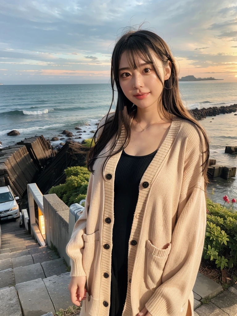 rie,One Woman,(best quality), (ultra detailed), (absolutely resolution),Face is front, 28 years old, Pout your lips, Long cardigan and tank top dress, The color of the clothes is burnt orange., The pattern on the clothes is tight, Black Hair, Shonan coastline at dusk