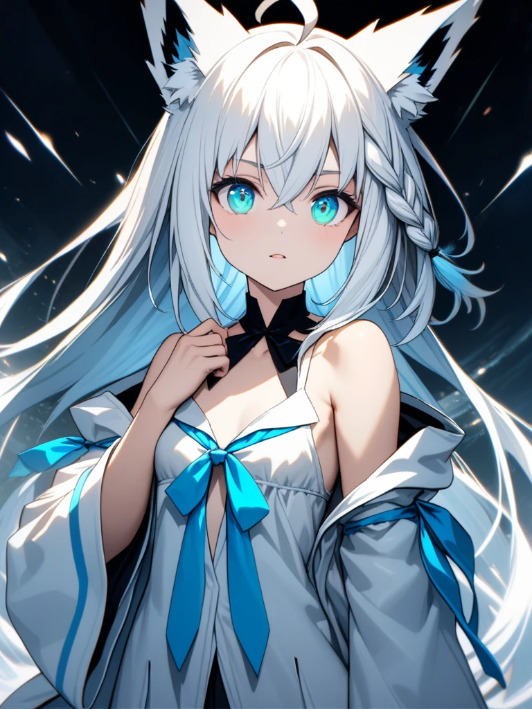 shiroko, animal ears, blue eyes, grey hair, hair ornament, hairpin, halo, medium hair, wolf ears, upper body, no background, no expression, expressionless.