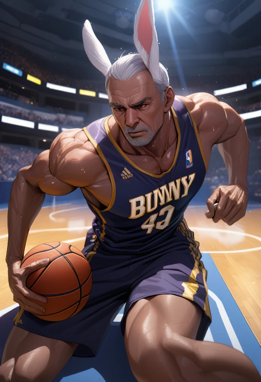 (masterpiece, Highest quality, Absurd), Close-up shot, One boy, Mirkodef, Dark Skin, Muscular, Bunny ears, Mature Men, Holding a basketball in one hand, (Underbust), Wearing a basketball jersey, Basketball court, View Wiewer, (Exhausted, sweating),  8k exquisite illustrations, Dynamic pose, Cinema Lighting, Volumetric lighting, Vibrant colors, Ray Tracing, Intricate details, 