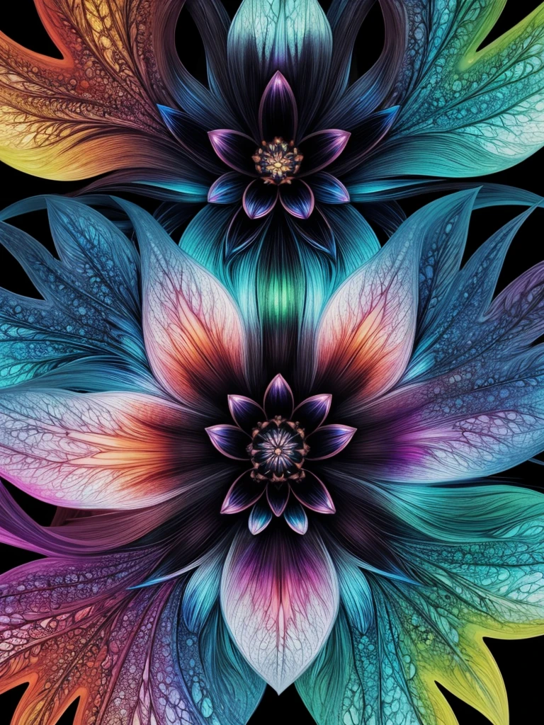 black tropical flower made of color liquids, an attractive iridescent fractal universal backgroun, pov, masterpiece