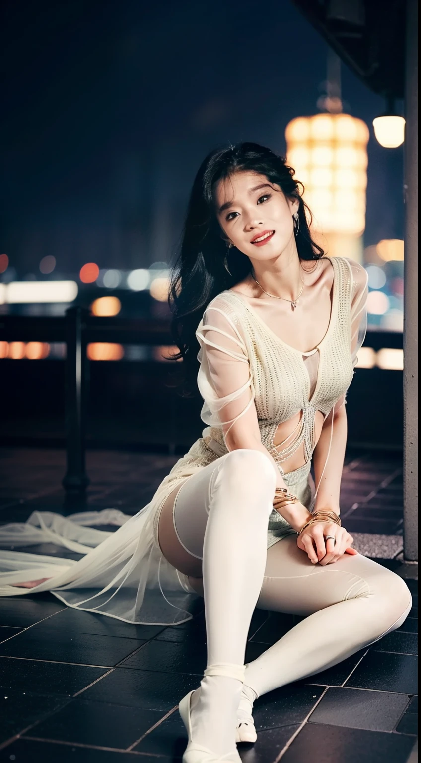 8K, masterpiece, RAW Photos, Highest quality, detailed:1.2),Realistic, Extremely detaileded Cg Unity 8K wallpapers, Depth of written boundary, Cinematic Light, Lens flare, Ray Tracing, (Very beautiful face, Beautiful Lips, Beautiful Eyes), intricate detailed face, ((ultra detaileded skin)) One girl, In the Dark, Deep Shadow, Cute Korean Girl, K-Pop Idols,(Very slim and slender muscular body:1.3), ((Displaying the viewer)),(Big smile), (フルヌードボディのFull Body Shot), (Injection Sleeve) , (City night, (Neon Signs), Dim lighting, rooftop, terrazzo, (night), Cute Korean Girl, Earrings, Bangles, necklace, pantyhose, Clear Eyes, walking , (Pale skin), Look forward, (Big eyes), ((Full Body Shot)), Wear tight, Transparent Dress, (See-through dress), Very slim, Defamation, Updo,  Sitting, bed, front, Leg spread