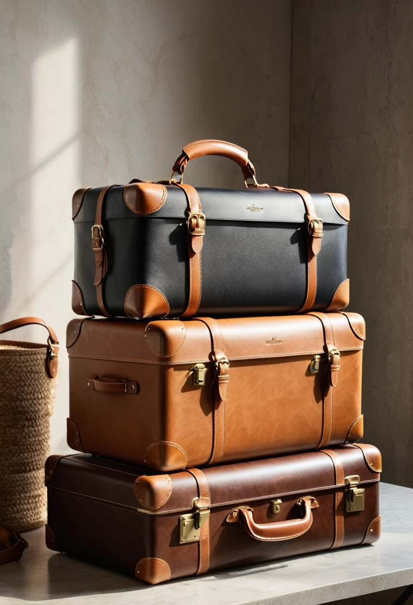 a detailed travel accessories, suitcase, backpack, passport, sunglasses, travel pillow, leather luggage, high quality new leather travel bag, elegant travel gear, handmade travel items, luxury travel essentials, minimalist travel outfit, fashionable travel style, detailed intricate patterns, brass hardware, (best quality, 8k, highres, masterpiece:1.2), ultra-detailed, (realistic, photorealistic, photo-realistic:1.37), cinematic lighting, warm color tones, natural sunlight, detailed textures