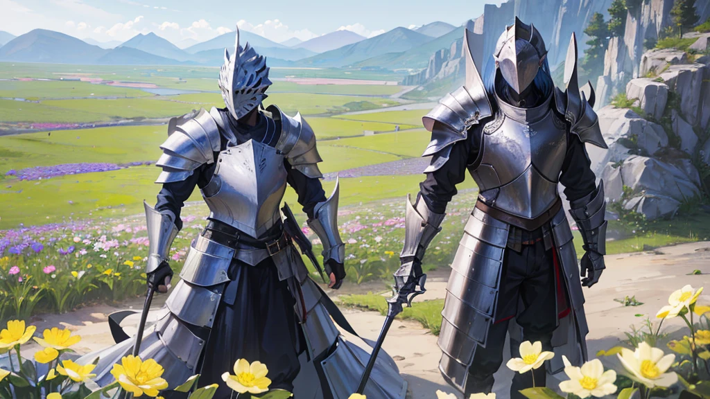 absurdres, high res, ultrasharp, 8K, masterpiece, 5 fingers each hand, knight, male, armor, full plate armor, holding flowers, field background, helmet