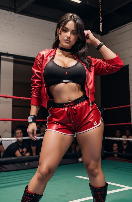 18 years old sporty woman, red shorts, red open jacket, black micro bra, fighting pose, curvy body, slim waist, large breasts, thick bust, thick thighs, full body, bob length hair, sweating, in boxing ring, black boots, choker necklace