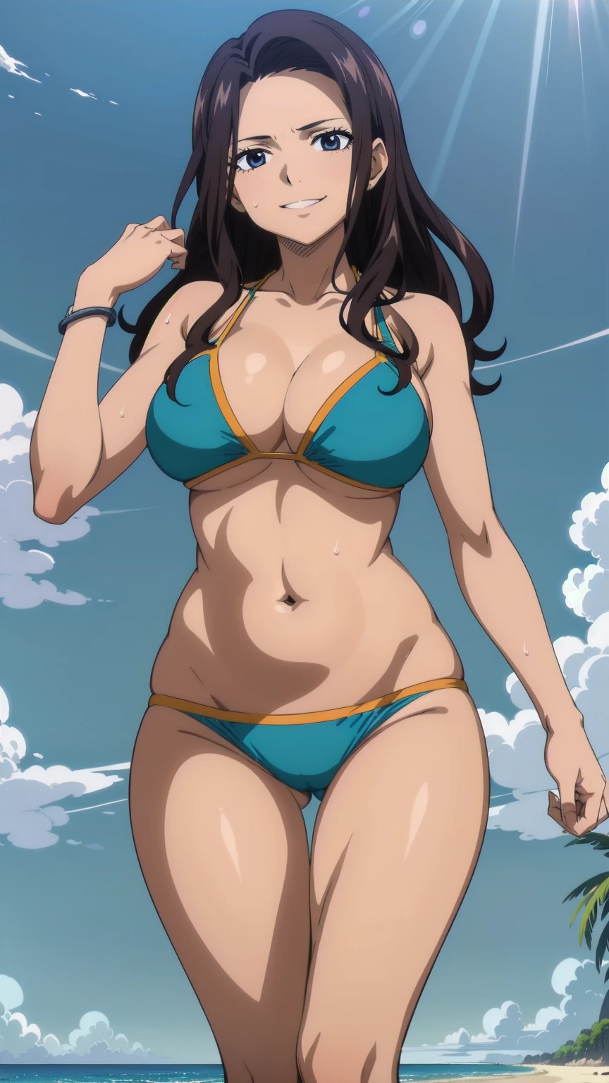 Highly detailed CG Unity 8k wallpaper, One Girl, Kanaf, Smiling, looking at the viewer, blue theme, blue background, cloudy sky, sunlight, sweat, orgasmic, bikini swimsuit, large breasts, cleavage, belly button exposed, collarbone, thighs, sea and beach,