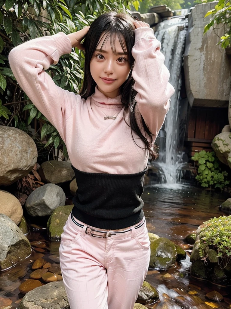 rie,One Woman,(best quality), (ultra detailed), (absolutely resolution),Face is front, 20-year-old, Place your arms behind your head, Turtleneck and printed pants, The color of the outfit is pastel pink., The pattern on her clothes is dotted., Black Hair, Clear stream beside the waterfall