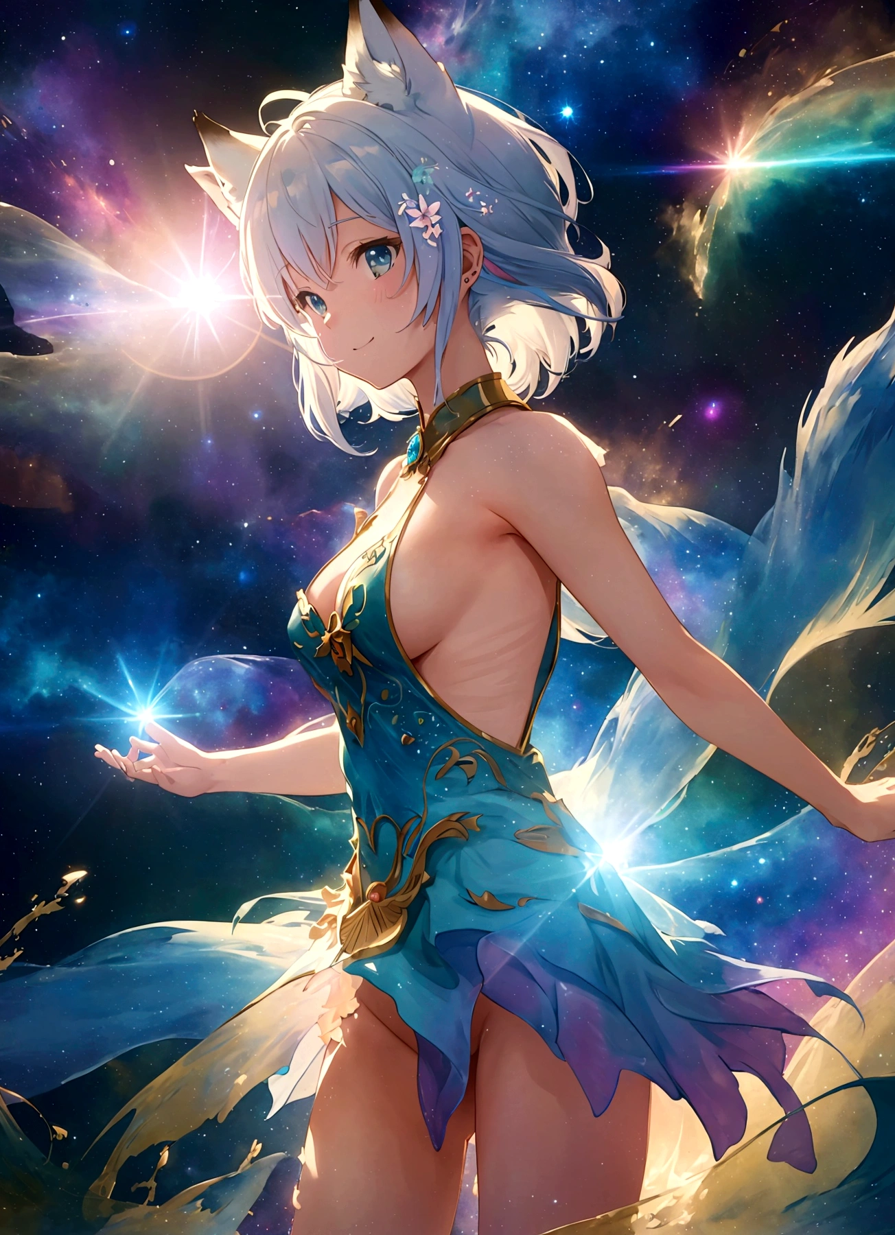 nsfw,(space action style), (Muted Tone), Delicate, Detail, Masterpiece,(colorful)illustration,(colorful)light particles, lens flare, women with smile, sideboob,shoulders,cleavage,sideless,thighs, Cowboy shot, close-up,from above, dynamic angle, dynamic pose, Artistic, memorable masterpieces, moments in history,(fantastical and mesmerizing scenery) Watercolor:1.6, Delicate, Detail, (masterpiece:1.2),(best quality:1.2),newest,intricate details, fox ears, ear hair