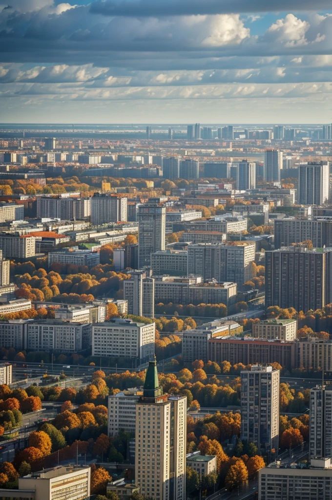 masterpiece, detailed, autumn, view of a city from a high rise building, minsk city, view from slightly above, the photo was taken from afar, urban view in the distance, rainy streets in the background, Belarus. wide shot, view from high, soviet apartment buildings, view over city