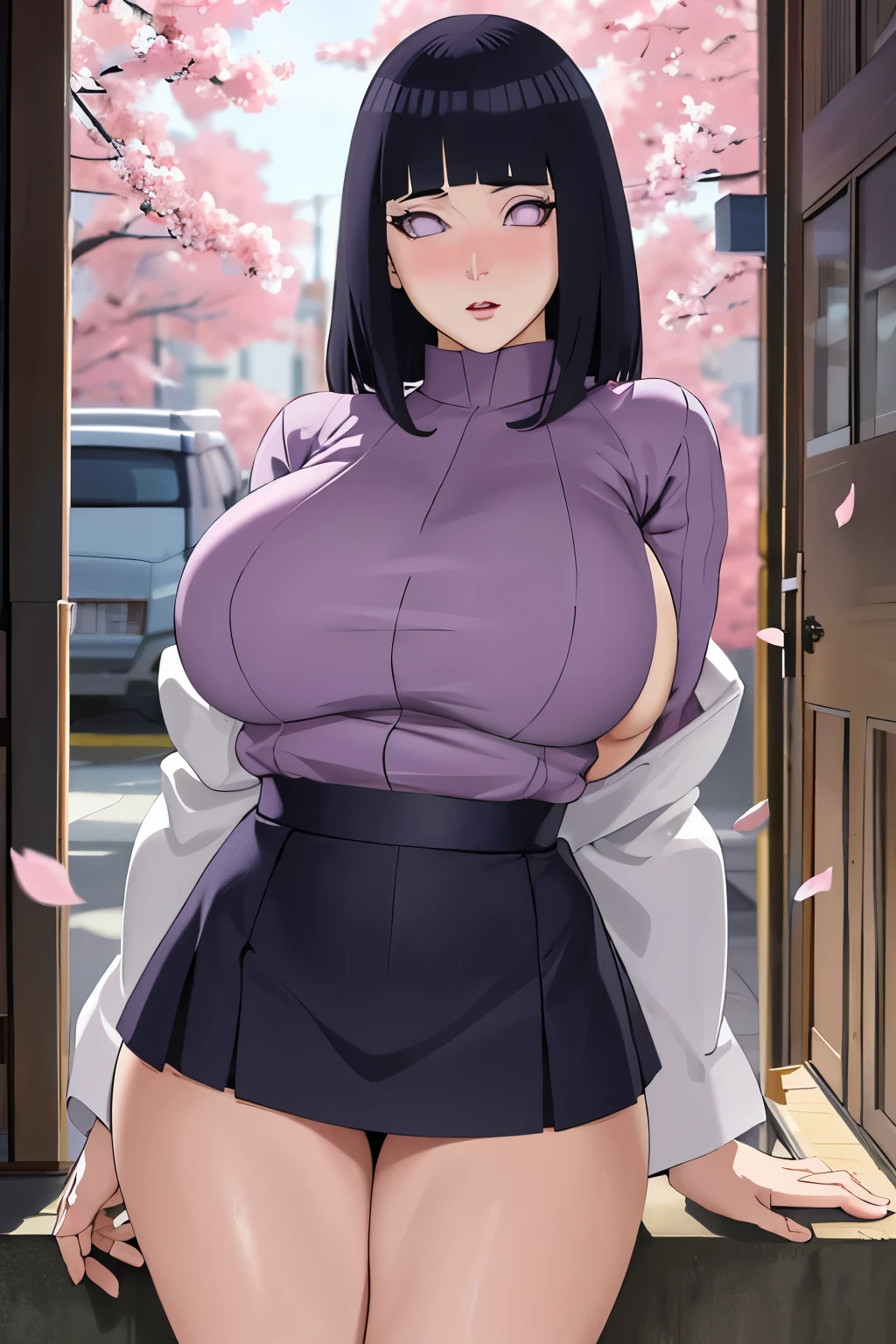 masterpiece, absurdres, hinata\(boruto\), 1girl, solo,mature female, image from behind, thicc ass, high waist mini skirt, looking at viewer, (falling petals), perfect composition, detailed lips, big breast, beautiful face, body propotion, blush, (pink lips), long hair,  purple eyes,  soft gaze,  super realistic, detailed, photoshoot, realistic face and body,