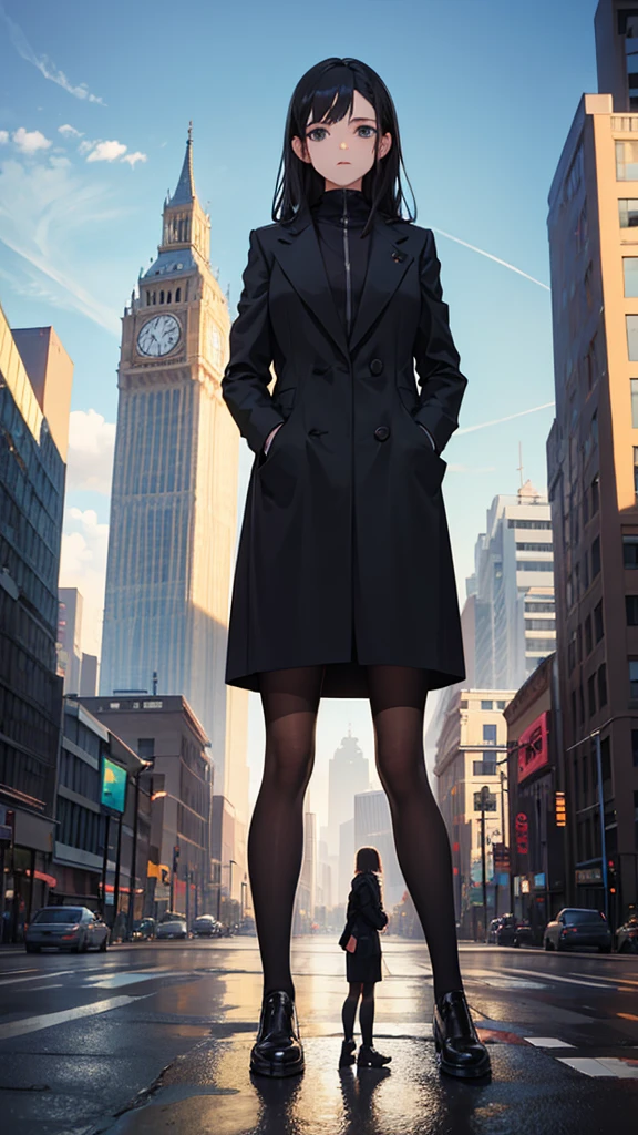 A woman in black Amy punk pursuit standing in city full body