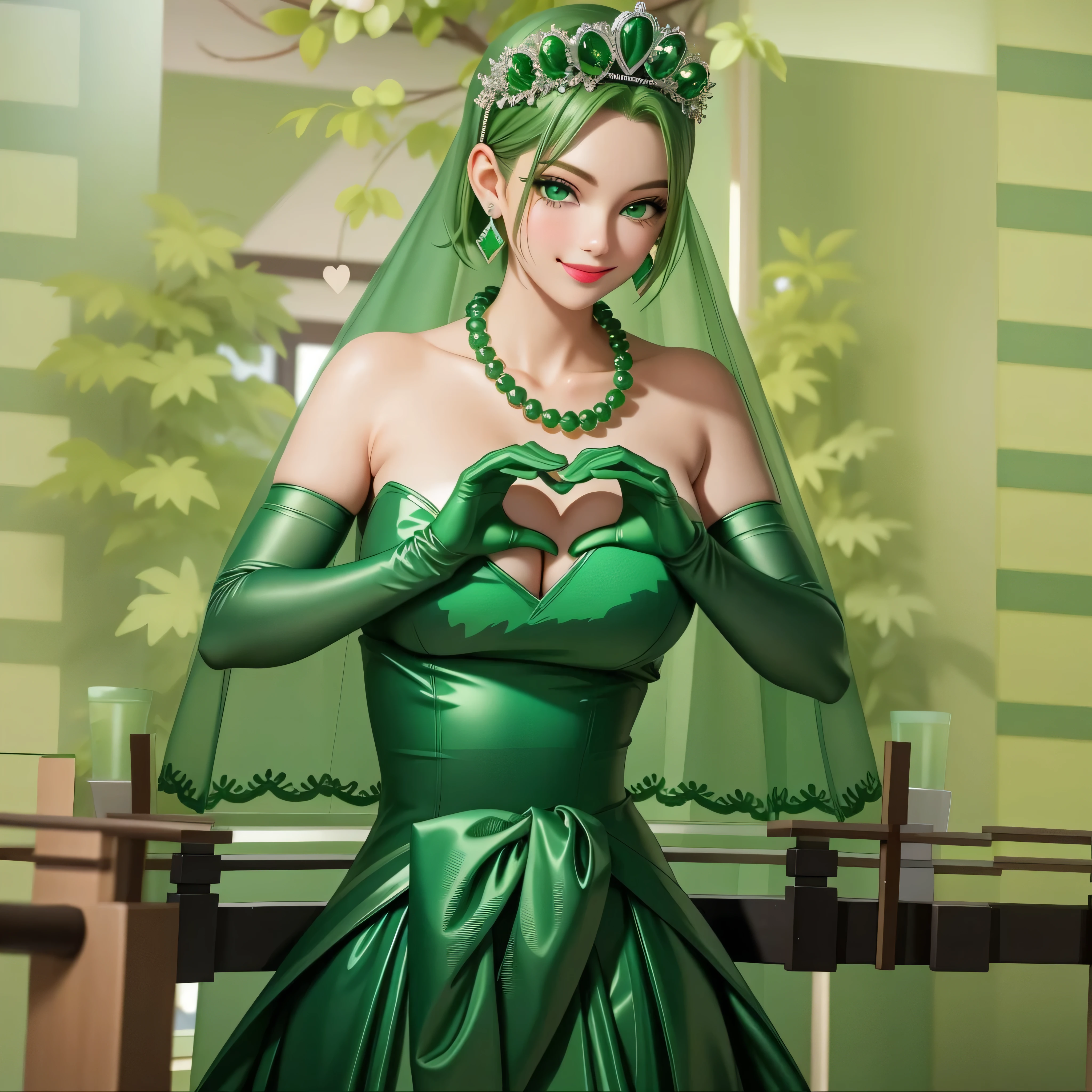 emerald tiara, Green Pearl Necklace, Boyish very short green hair, Green Lips, Smiling Japanese woman, Very short hair, Busty beautiful lady, Green Eyes, Green satin long gloves, Green Eyes, Emerald Earrings, Green veil, Heart with both hands, Green Hair, Beautiful Japanese Woman, Heart shaped hands:1.3, green lip gloss