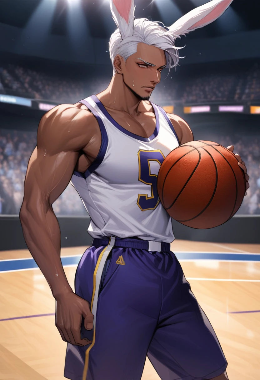 (masterpiece, Highest quality, Absurd), Close-up shot, One boy, Mirkodef, Dark Skin, Muscular, Bunny ears, male, Holding a basketball in one hand, (Underbust), Wearing a basketball jersey, Basketball court, View Wiewer, (Exhausted, sweating),  8k exquisite illustrations, Dynamic pose, Cinema Lighting, Volumetric lighting, Vibrant colors, Ray Tracing, Intricate details, 