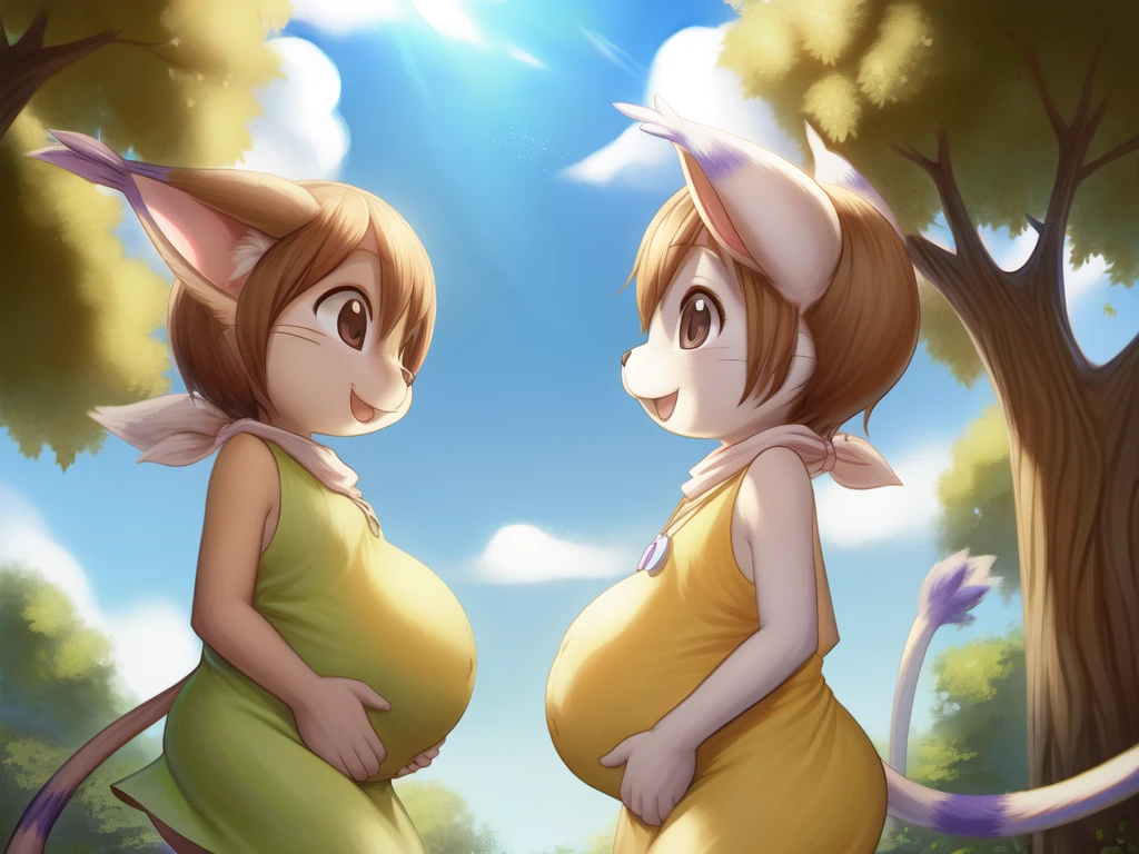 by woolrool,,, (2girls1.2) Kari_Kamiya and Gatomon furry, detailed and extremely fluffy body fur, fluff, masterpiece, looking up beautiful surroundings, detailed background, happy, leaf-dress, short stature, sexy anthro, pregnant 