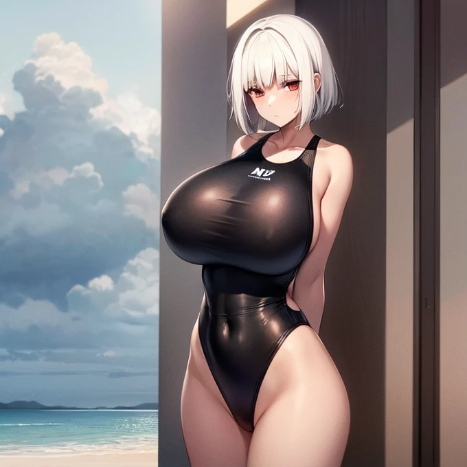 solo, Highleg competition swimsuit, black swimsuit, gigantic breasts, Narrow waist, ((((White Hair, Very Short Hair)))), Beach, Wet Skin, tall