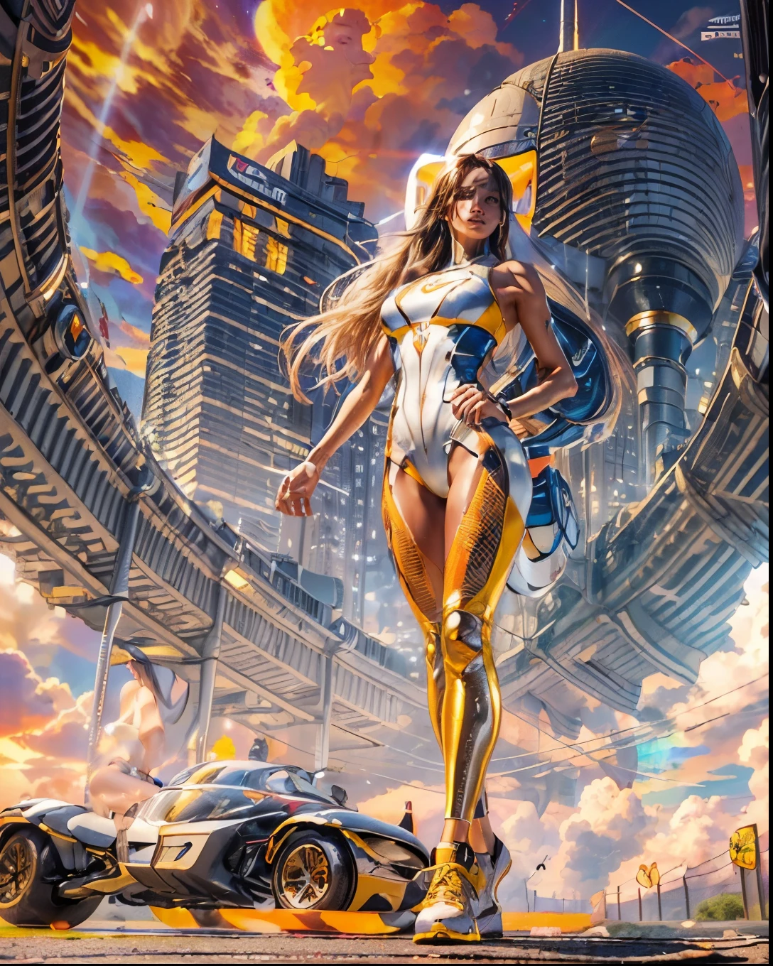 (((low angle shot))), ((1 woman staring at camera in a one piece ultra thin translucent bikini with gorgeous muscular long legs)), ((white gold orange black)), prismatic, reflective, ((ultra perfect flowing hairstyle)), (((huge natural breasts))), ((perfect radiant skin color)), ((super colourful)), (((cinematic sunset gorgeous skies))), (((detailed spaceship background and incredibly sci-fi retro art masterpiece))), (((1:1 scale proportions))), ((science fiction)), ((chrome spaceships)), (((ultra photorealistic realism))), ((Smooth curves, clean lines, streamlined, functional aesthetics, reflective surfaces, integrated lighting, giant floating spaceships, urban clothes, Nike shoes)), ((acrylic plastic motorcycle))