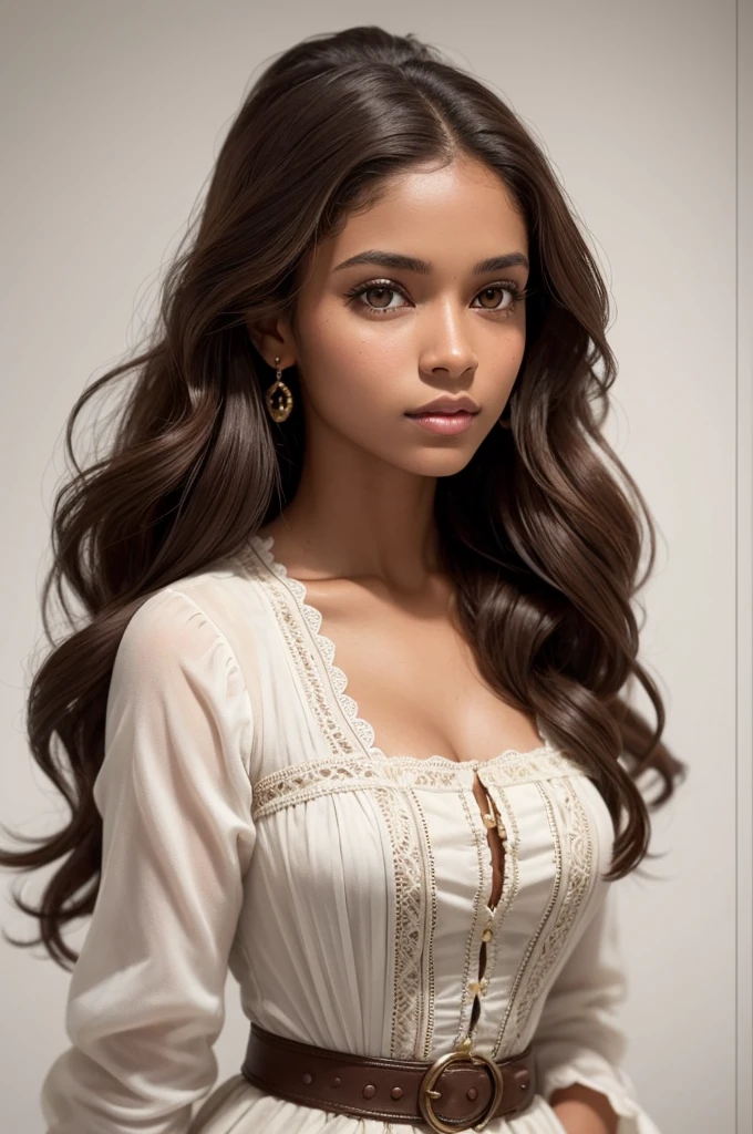 Generate an image of a beautiful brown-skinned woman from the 1860s, with wavy, voluminous brown hair and captivating light eyes. She must be dressed in a stylish costume of the time, on a clean white background