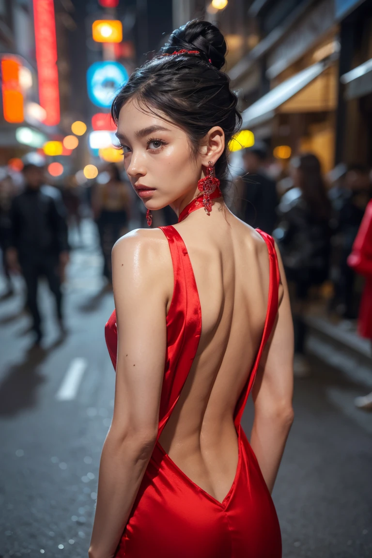 8k, Masterpiece, photo and gross, Best Quality, detail: 1.2), photorealistic, Highly detailed Cg Unity 8k wallpaper, depth of field, cinematic light, Lens flare, ray tracing, (very beautiful face, beautiful lips, pretty eyes), Intricate facial details, ((Very detailed skin)) 1 girl, in the dark, deep shadows, beautiful Korean girl, kpop idol,(very thin and slim muscular body:1.3), ((Look at the audience)),(broad smile), (minifitted dress),(Red dress), (injection sleeves), (City evening, ( neon light sign), (evening), beautiful Korean girl, earrings, bracelet, collar, shackles, light eyes, walking, (pale skin), Looking forward, (large eyes), ((Photo of upper body)), fitted dress, silk dress, Back, Back shot, very thin, slander