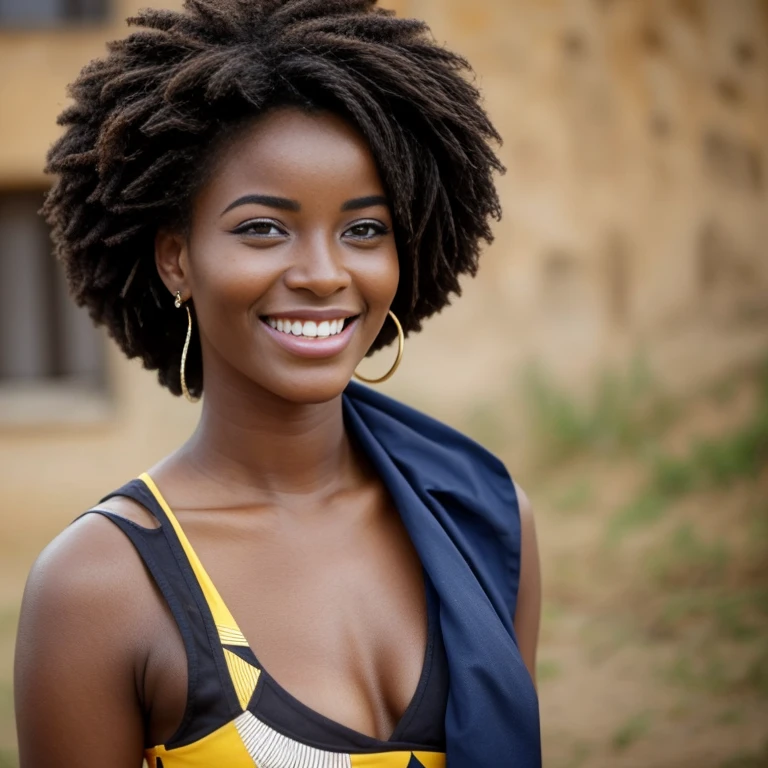 une belle jeune africaine de 21 ans avec un leger sourire, belles lèvres, Yeux fins, sourcils fins, nez mince, des boucles d&#39;oreilles, Cils longs., Met en valeur son sens unique de la mode dans un cadre branché. Elle porte un t-shirt chic africain, combinant des pièces modernes avec des influences culturelles. L&#39;Image haute résolution capture un réalisme ultra détaillé, soulignant la pose confiante de Nyla, Des yeux captivants, et un teint impeccable. La toile de fond dynamique du paysage urbain africain ajoute une touche, créer une représentation visuelle représentative du style et du&#39;expression individuelle de Nyla.