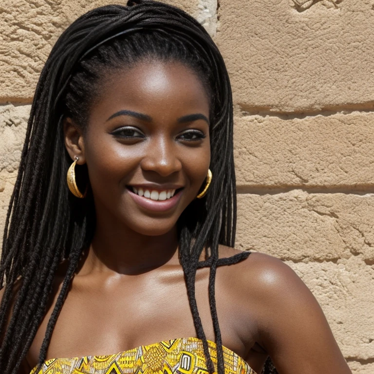 une belle jeune africaine de 21 ans avec un leger sourire, belles lèvres, Yeux fins, sourcils fins, nez mince, des boucles d'oreilles, Cils longs., Met en valeur son sens unique de la mode dans un cadre branché. Elle porte un t-shirt chic africain, combinant des pièces modernes avec des influences culturelles. L'Image haute résolution capture un réalisme ultra détaillé, soulignant la pose confiante de Nyla, Des yeux captivants, et un teint impeccable. La toile de fond dynamique du paysage urbain africain ajoute une touche, créer une représentation visuelle représentative du style et du'expression individuelle de Nyla.