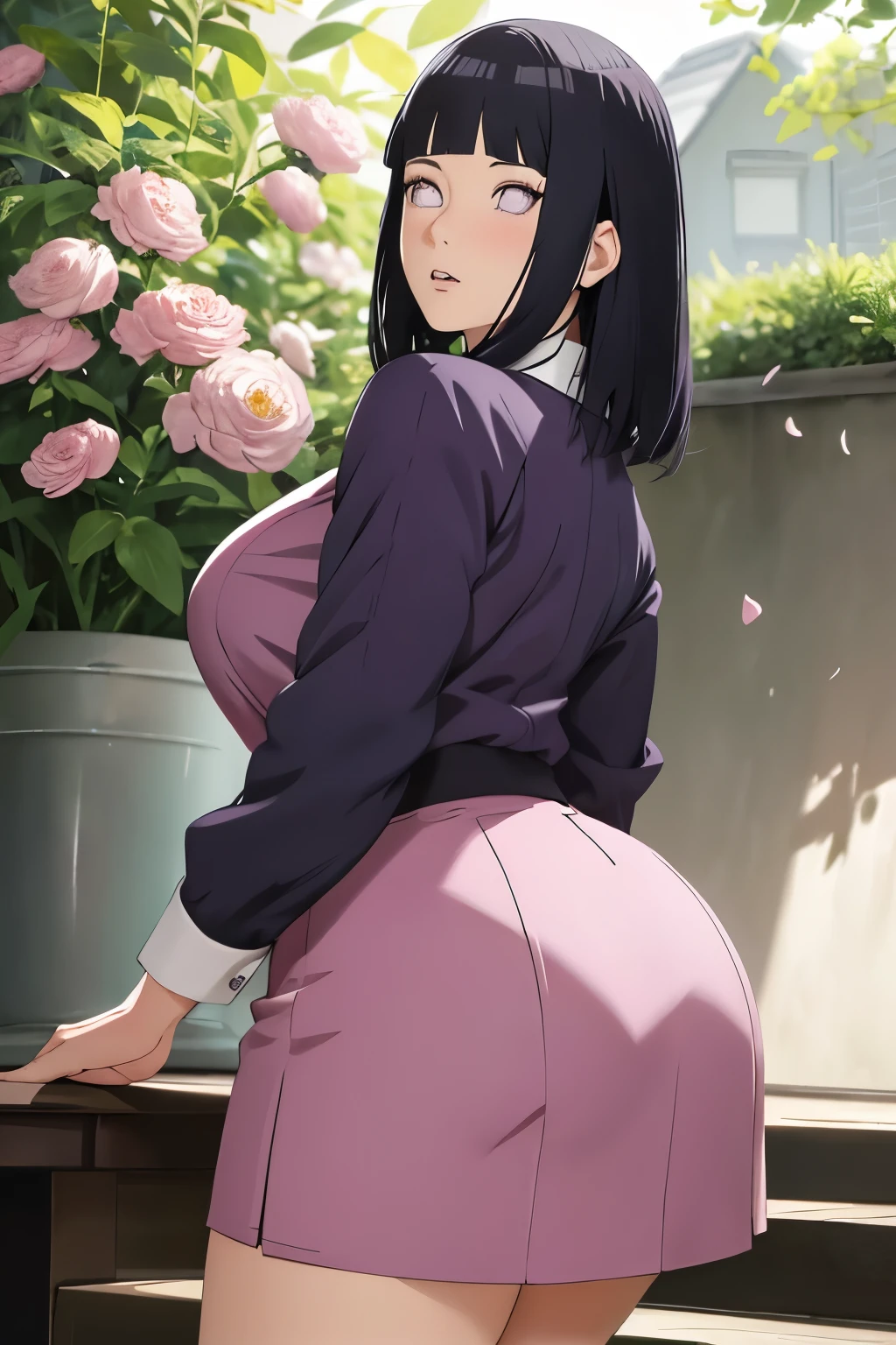 masterpiece, absurdres, hinata\(boruto\), 1girl, solo,mature female, image from behind, thicc , high waist mini skirt, looking at viewer, (falling petals), perfect composition, detailed lips, big breast, beautiful face, body propotion, blush, (pink lips), long hair,  purple eyes,  soft gaze,  super realistic, detailed, photoshoot, realistic face and body,