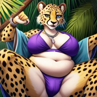 Female, cheetah, beastars, feminine, kimono, small underwear, tight underwear, Female cheetah, fat, fat belly, fat thighs, fat arms, lovehandles, big breasts, silver eyes, golden yellow fur, black cheetah markings, blue kimono, silver earrings, silver bracelets, silver rings, silver necklaces, hammock, tropical setting