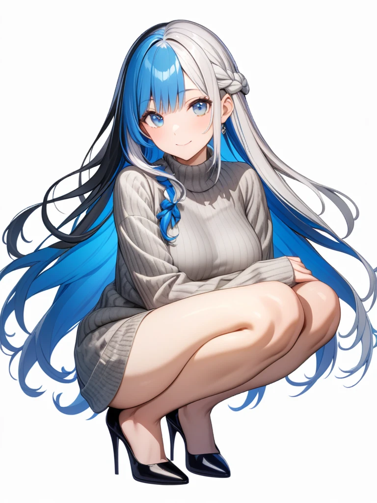 32k, best quality, ultra high res, HDR, UHD, extremely detailed CG, unity 32k wallpaper, 1girl, solo, long hair, breasts, looking at viewer, blush, smile, bangs, blue eyes, large breasts, simple background, long sleeves, white background, dress, closed mouth, blue hair, full body, braid, white hair, thighs, multicolored hair, black footwear, high heels, two-tone hair, sweater, bare legs, turtleneck, squatting, ribbed sweater, turtleneck sweater, sweater dress, grey sweater, front,((open legs)),