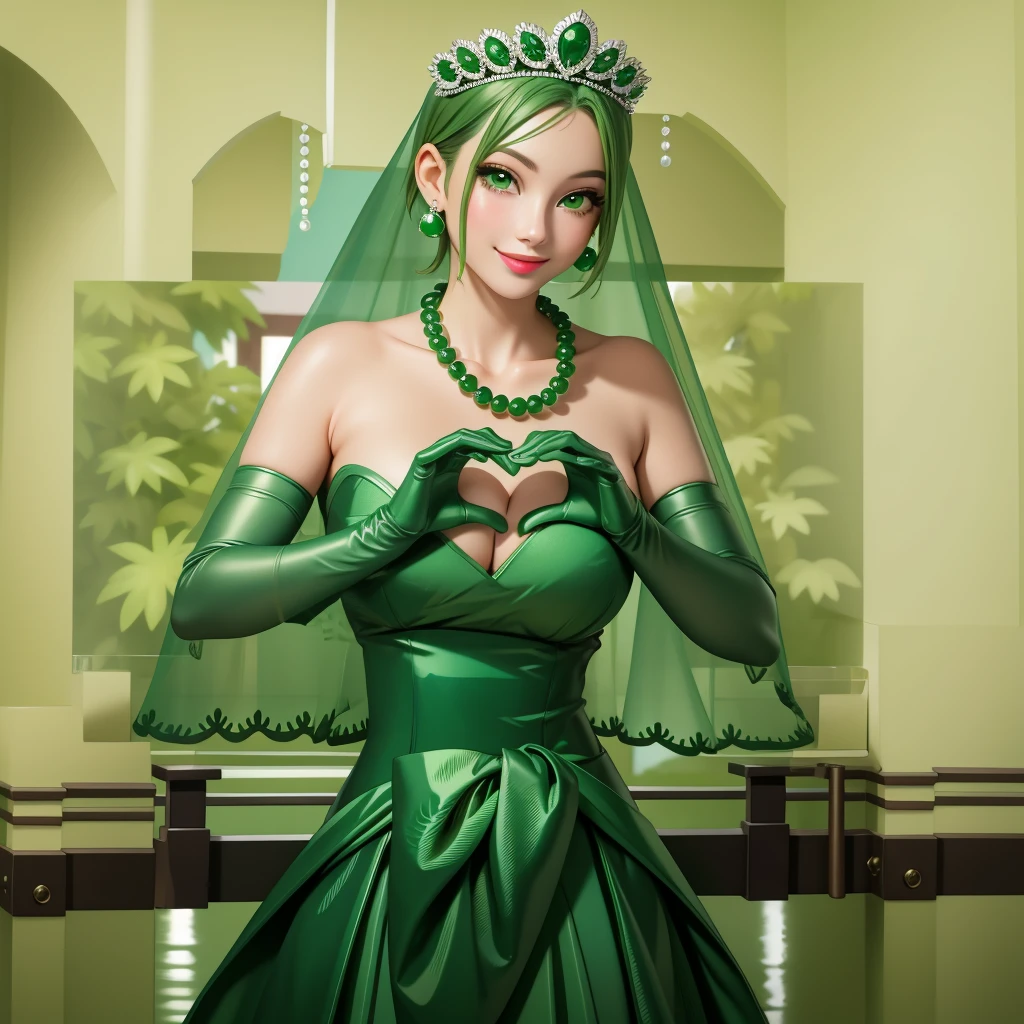 Emerald tiara, Green Pearl Necklace, ボーイッシュな非常に短いGreen Hair, Green Lips, Smiling Japanese woman, Very short hair, Busty beautiful lady, Green Eyes, Green satin long gloves, Green Eyes, Emerald Earrings, Green veil, Heart with both hands, Green Hair, Beautiful Japanese Woman, Heart shaped hands:1.3, green lip gloss