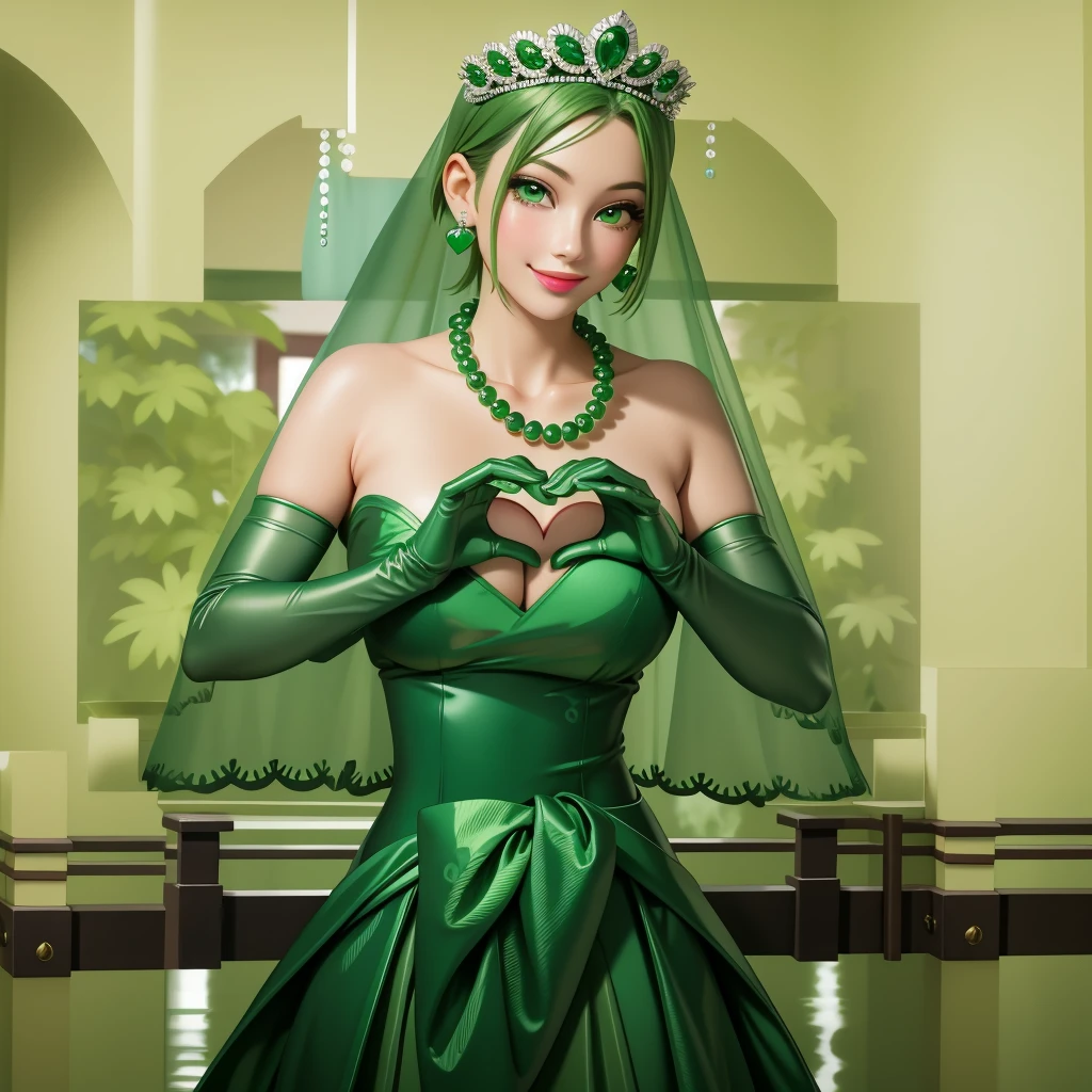 Emerald tiara, Green Pearl Necklace, ボーイッシュな非常に短いGreen Hair, Green Lips, Smiling Japanese woman, Very short hair, Busty beautiful lady, Green Eyes, Green satin long gloves, Green Eyes, Emerald Earrings, Green veil, Heart with both hands, Green Hair, Beautiful Japanese Woman, Heart shaped hands:1.3, green lip gloss